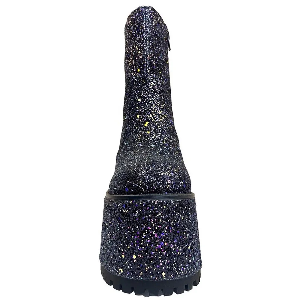 YRU Krush Platform Boots in Black Glitter - Picture 2 of 4